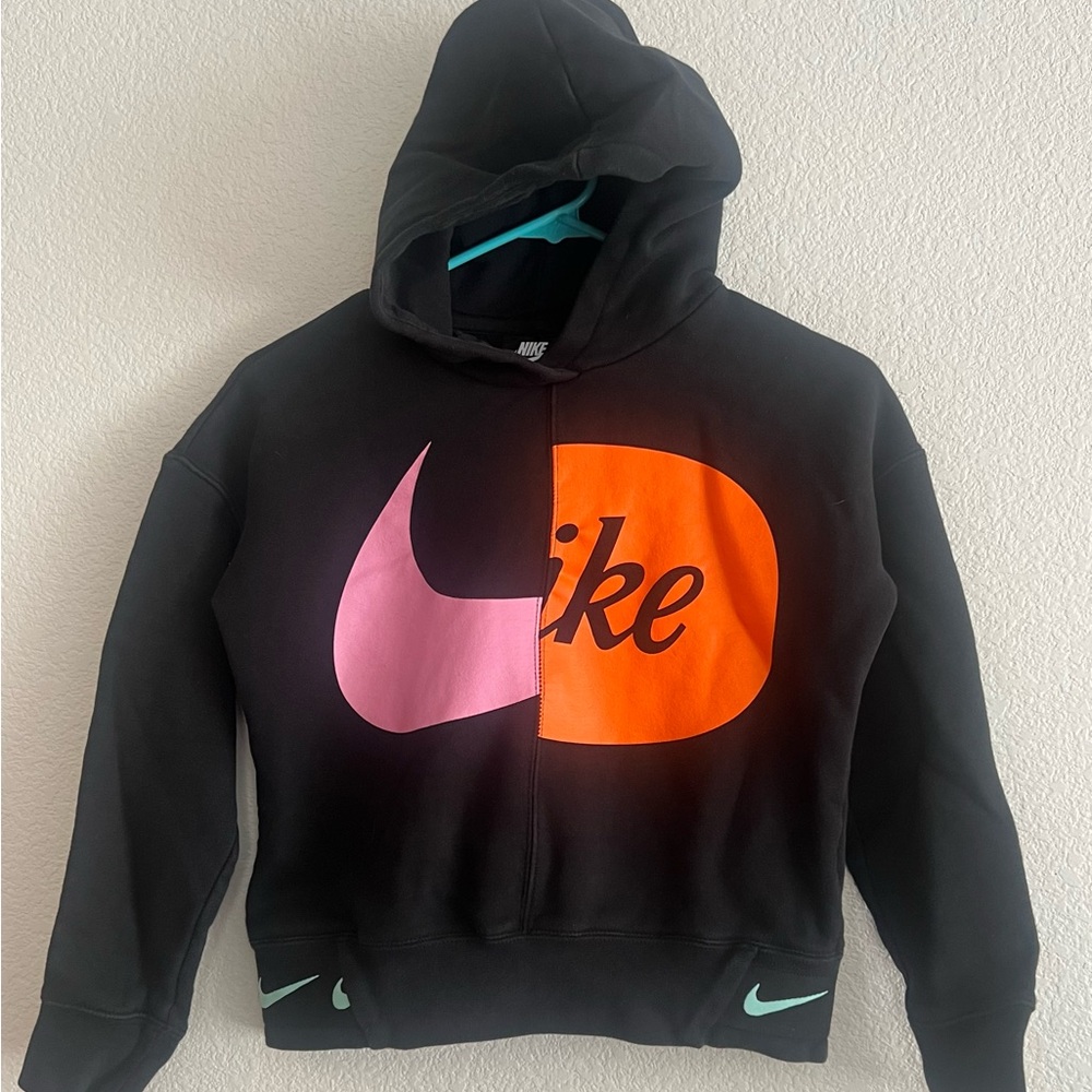 Nike Kids Black Hoodie with Orange and Pink Logo